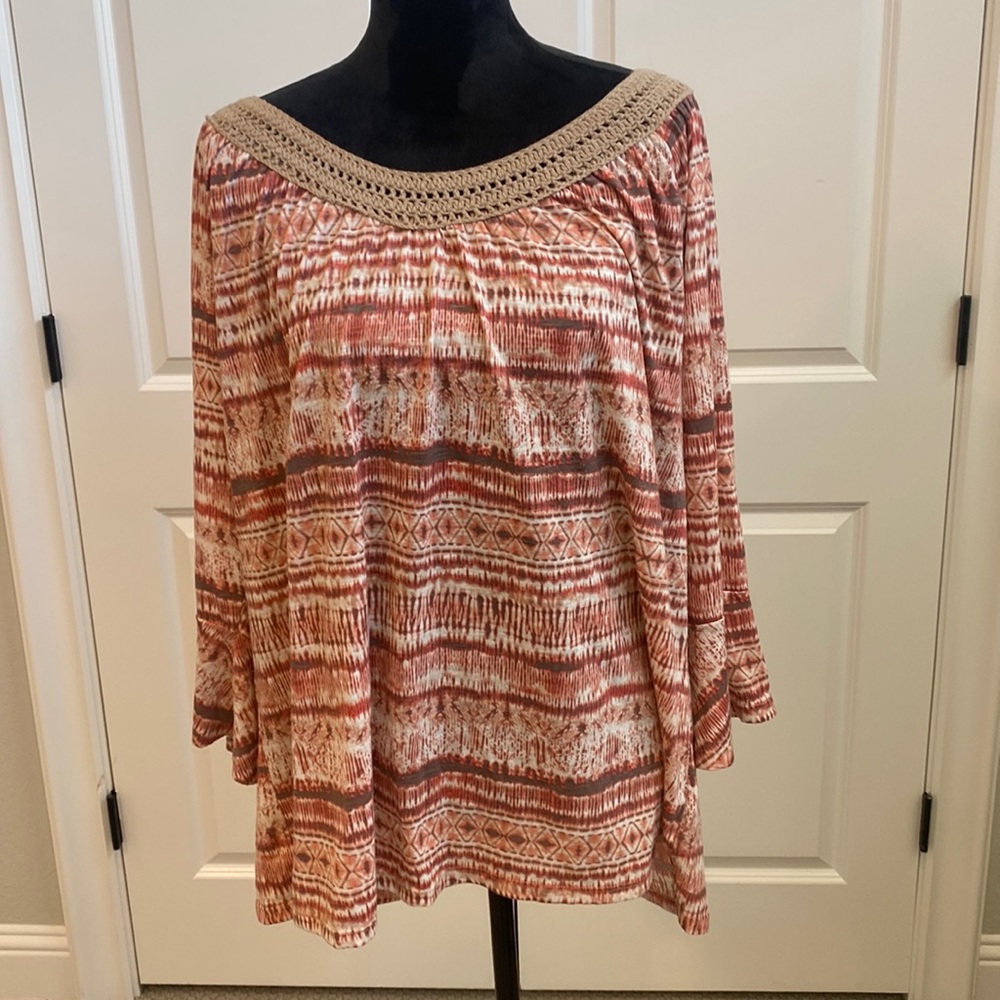 Verve Ami Boho Tribal Festival Long Sleeve Blouse with Crochet Neck Line